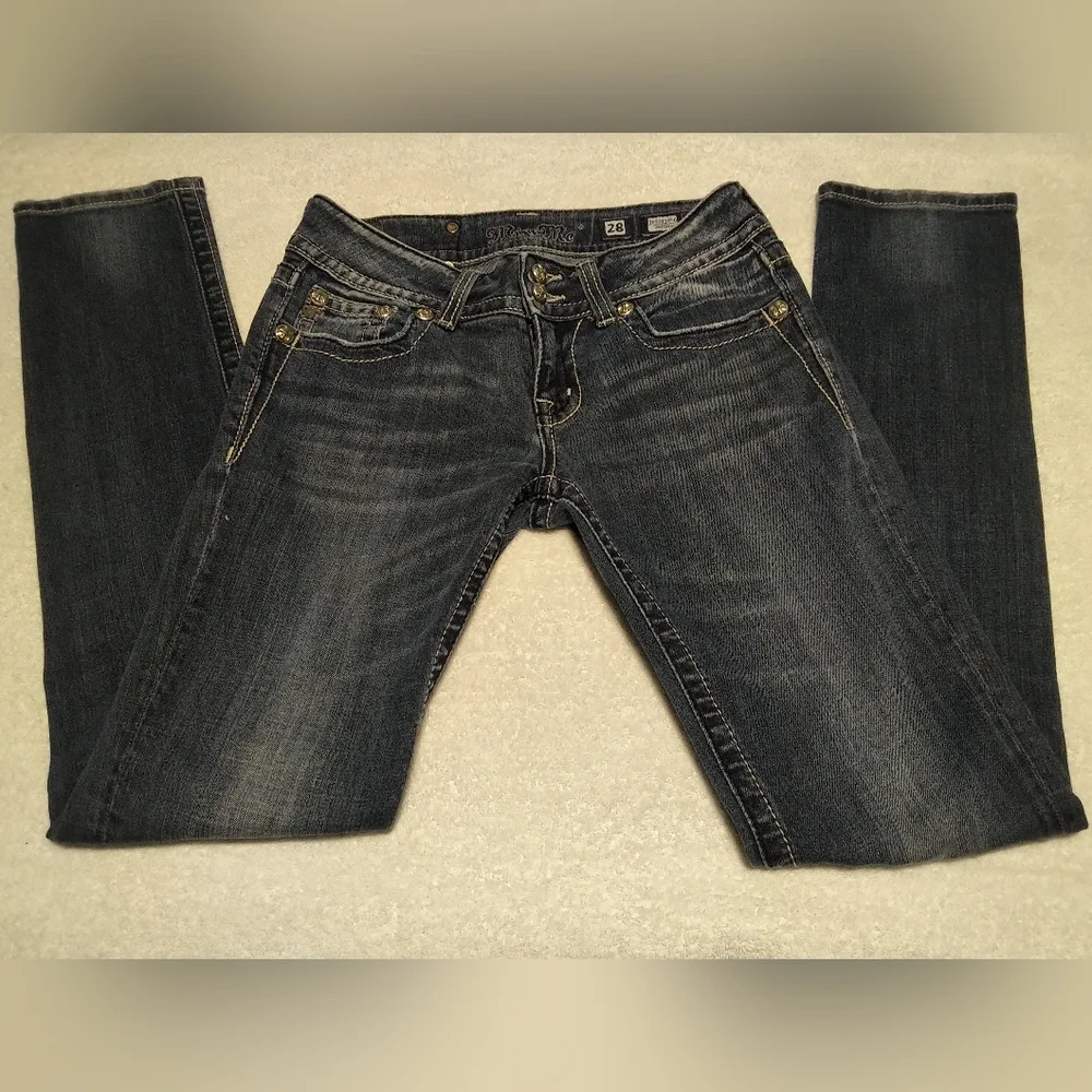 Miss Me Dark Blue Skinny Jeans with Embellished Pockets - Size 28